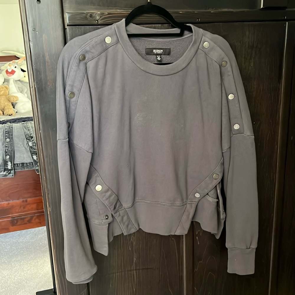 Hudson grey sweatshirt with asymmetrical waist buttons